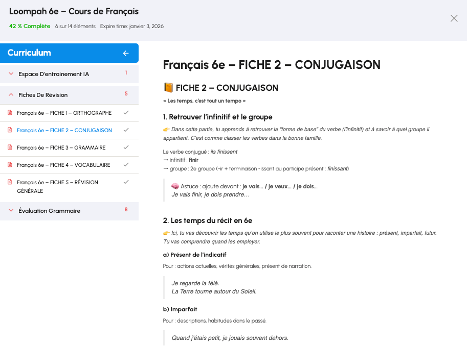 Loompah academy - Fiche de révision 6e conjugaison